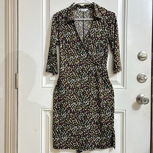 Vintage La Belle Brown Dress Polka Dots Pink Green White Sz M V-neck Midi Retro - Picture 1 of 14