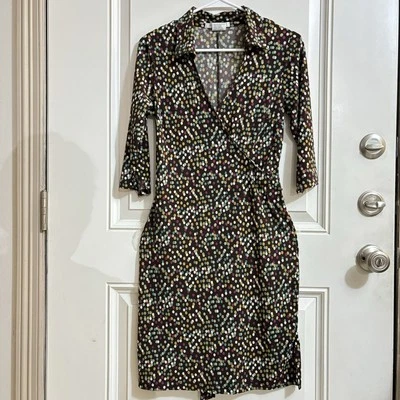 Vintage La Belle Brown Dress Polka Dots Pink Green White Sz M V-neck Midi Retro - Image 1 of 4