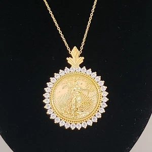 2.00Ct Lady Liberty Coin Lab Created Diamond Pendant 14K Gold Plated Over Silver - Picture 1 of 4