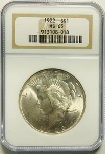 1922 Peace Silber Dollar NGC MS65 schöne original weiße Münze älterer Halter - Bild 1 von 2