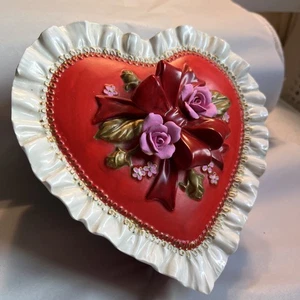 Vintage Lefton Japan Valentinstag Süßigkeiten Box #7174 Keramik Rosen 6" Herz Box #2G - Bild 1 von 9
