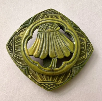 Extra Large Vintage Button w/Carved & Pierced Flower Design in Shades of Green - Image 1 of 2