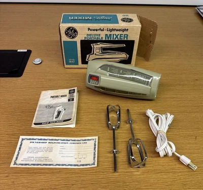 Vintage 1965 GE Deluxe Portable Mixer M47 Original Box & Recipe Book Avocado - Image 1 of 4