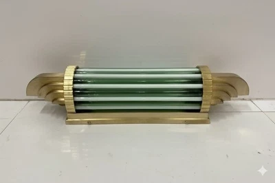 Art Deco Skyscraper Wall Sconce Light – Antique Brass Fixture with Green Glass - Image 1 of 4