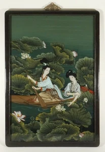 Chinesisches Rückseitengemälde auf Glas zwei Jungfrauen Bootfahren ca. Mitte 20. Jahrhundert 20x28 - Bild 1 von 9