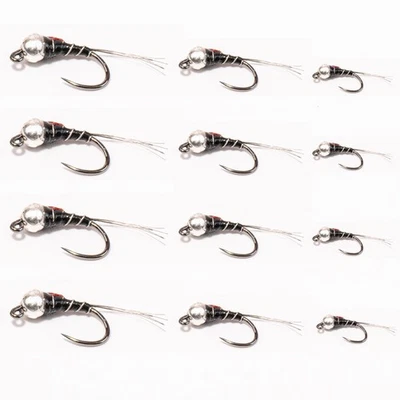 FLOATING FEATHER SUPPLY 1 doz (12) Perdigon Nymph 12 Pack – Red & Black – Sizes 14–18 – Euro Trout Flies
