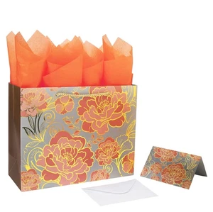 13" großes roségoldenes Geschenktüten-Set mit Grußkarte und orangefarbenem Seidenpapier f... - Bild 1 von 6