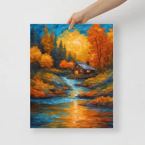 Poster - Golden Serenity - Impasto Hütte im Herbstwald - Bild 1 von 2