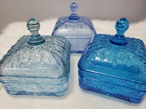 3 Tiara Glass Honey Bee Hive Covered Footed Candy Dish Ice Blue Regal Royal - Picture 1 of 14