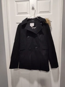 Nautica Women's Faux Fur Trim Hood 60% Wool Black PEACOAT Size Medium EUC - Bild 1 von 13