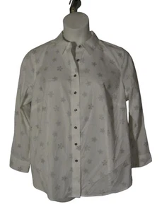 Camicia blusa Talbots 18WP 18W bianco argento fiocchi di neve senza ferro con bottoni - Foto 1 di 3