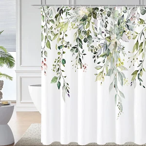 Gibelle Sage Green Eucalyptus Shower Curtain, Watercolor Plant Leaves with Flora - Picture 1 of 12