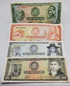 JUEGO BILLETES PERÚ AÑOS 70 ~ UNC / P-99c, P-112, P-113, P-102b - Imagen 1 de 2