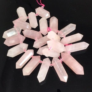 Rose Quartz Double Terminated Top Side Drilled Hexagon Faceted Pendant Bead 15" - Picture 1 of 8
