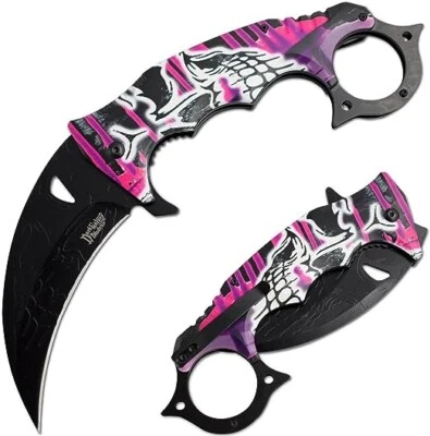 Faca de bolso dobrável estilo Karambit Hawkbill rosa caveira média 10" - Imagem 1 de 4