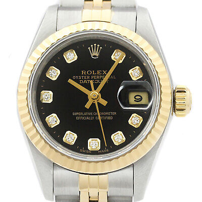 Rolex Mujer Datejust 69173 18K Oro&Acero Negro Diamante Dial Reloj de Dos Tonos