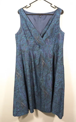Lands End женщин синий пейсли хлопок шелк платье миди без рукавов Sz 16 подходит Расклешенный - Изображение 1 из 4