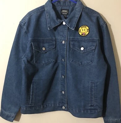 WeSC Mens Denim Jean Jacket Hardcore Happiness Dark Wash Blue Sz S New - Image 1 of 4