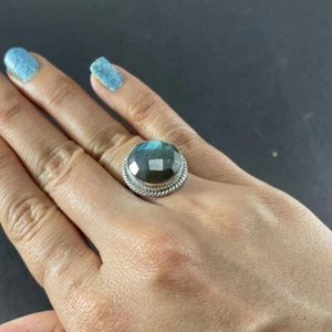 Anillos apilables redondos hechos a mano de plata maciza 925 con piedras preciosas de labradorita para mujer M537 - Imagen 1 de 4