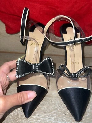 Christian Louboutin Negro Satinado Transparente Tacones 36 Swarvoski Lazo  Foto 1 de 4