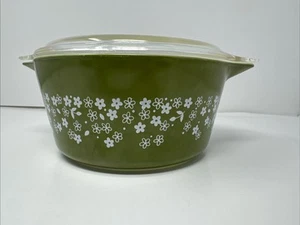Vintage Green Pyrex # 474-B 1.5 QT Spring Blossom Crazy Daisy Casserole W/ LID - Picture 1 of 14