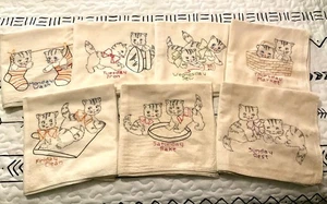 VINTAGE "WOCHENTAGE" HANDBESTICKTE 7 KATZEN MEHLSACK GESCHIRRTÜCHER - Bild 1 von 9