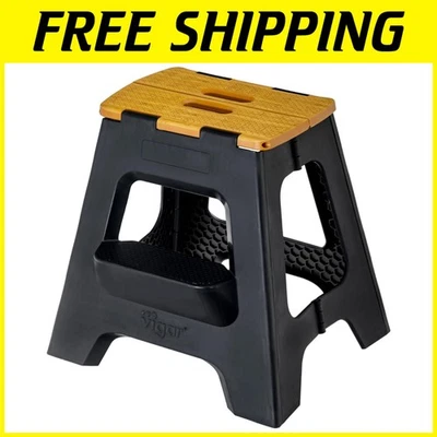 Lightweight 2-Step Folding Stool with Bamboo Top, Holds 330 lbs - Modern Design - Image 1 of 4