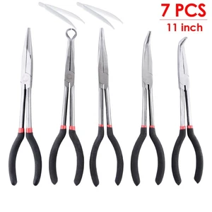 7 PIECE 11" EXTRA LONG NOSE PLIERS SET STRAIGHT NOSE 25° 45° 90° BENT NOSE - Picture 1 of 9