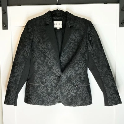 REISS Women's Black Lace Noah Jacquard Zipper Pockets Blazer Jacket Size Medium - Image 1 of 4