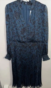 NWT Ann Taylor Teal Ruffle Dress Flare Romantic Sheer Black Floral Sz12 - Picture 1 of 8