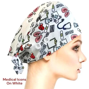 Work Cap Medical Chef Painter Unisex Polyester OSFM “Medical Icons On White” - Picture 1 of 7