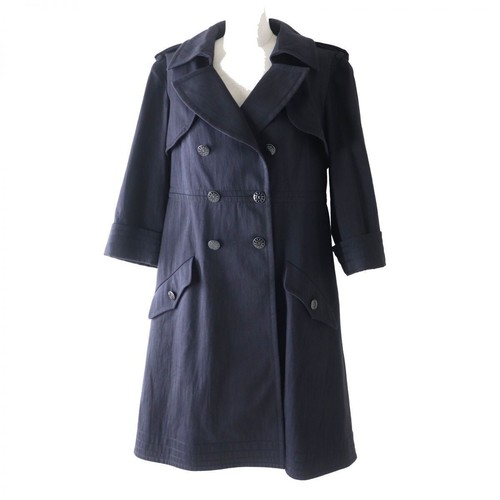 Trench coat CHANEL Coco Mark cotone bottoni fodera 100% seta blu navy taglia 44 P45582