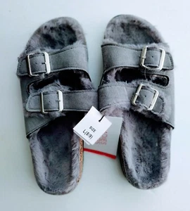 Ladies clogs Women’s Double Band Faux fur Gray Slippers Size 8/9 black Sole New - Picture 1 of 4