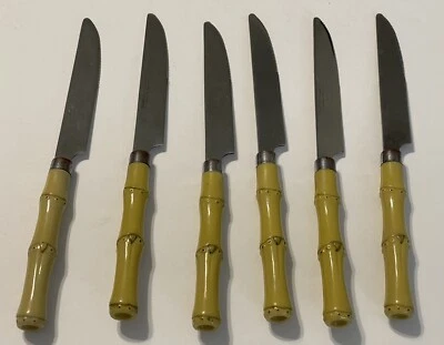 Lote de 6 cuchillos de cena de acero inoxidable con mango de bambú sintético Hampton Silversmiths Foto 1 de 3