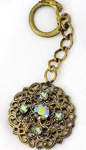 VTG Filigree Key Chain Holder Fob w/ Blue AB Rhinestones Hollywood Regency Era - Picture 1 of 2