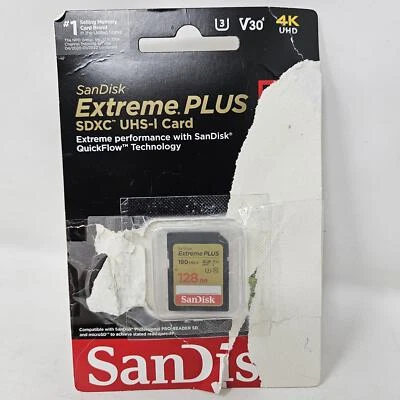 SanDisk ~ Extreme PLUS 128GB SDXC UHS-I Memory Card MicroSD Digital Photos Files - Image 1 of 2