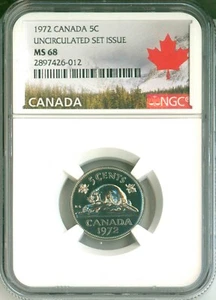 1972 Canada 5c Beaver Uncirculated Set Issue NGC MS68 Top Pop NGC Pop = 1 - Picture 1 of 3