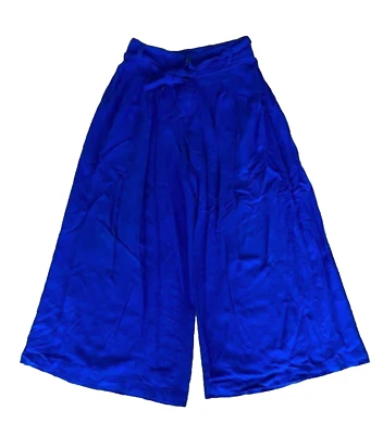 Pantalón Palazzo Azul Real Lino Pierna Ancha Hecho a Mano Cinturón Fluido Cintura Media S Foto 1 de 4