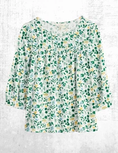Ex Seasalt Women’s ¾ Sleeve Cotton Gathered Top in White Fresh Blooms - Picture 1 of 6
