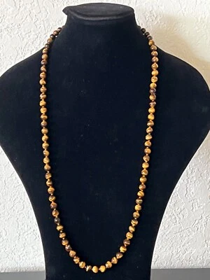 Vintage Hand Knotted Tiger's Eye Stone Bead Necklace 32" total long (16") - Image 1 of 4