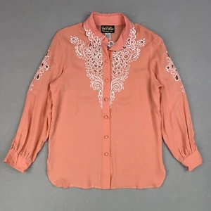 Bob Mackie Shirt Womens Medium Pink Wearable Art Floral Cutout Coastal 100% Silk - Picture 1 of 14