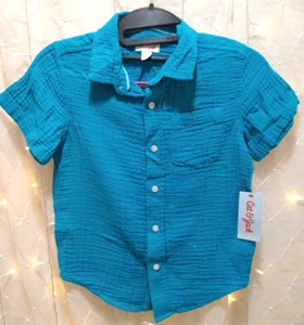 Cat & Jack Boys XS Teal Blue Shirt Button Down Casual Gauze Versatile Solid Soft - Picture 1 of 8