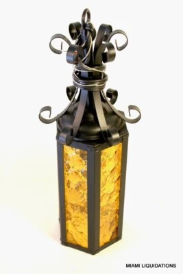 American Lantern 645 BLK Light Fixture Ceiling Black Metal Amber Glass Vintage - Image 1 of 3