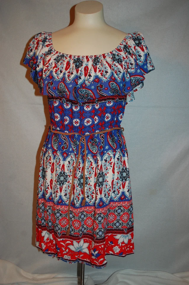 Jr женщин белый красный синий с плеча платье с ремнем ретро цветок пейсли L 11-13 - Изображение 1 из 1