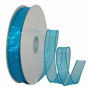 10 Yds. SHEER TURQUOISE GLITZ WIRE EDGE RIBBON  7/8" Wide - Picture 1 of 1