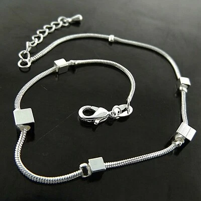 Anklet XL Bracelet 925 Sterling Silver Filled Ladies Snake Cube Bead Charm  - Imagem 1 de 3