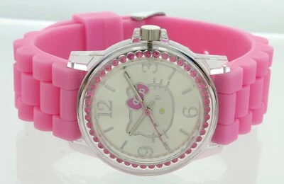 NIB Hello Kitty Watch Women Silver HK5575 Stone Bezel Pink Silicone Band - Image 1 of 4