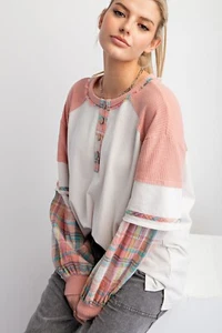 EASEL CLOTHING LAYERED HENLEY MINERAL WASHED KNIT TOP PLAID SLEEVES ECRU-LARGE - Picture 1 of 6