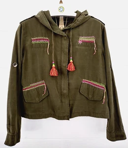 Embroidered Olive Green Hailey Utility Jacket One Size Hooded Top Pockets Zipper - Picture 1 of 21