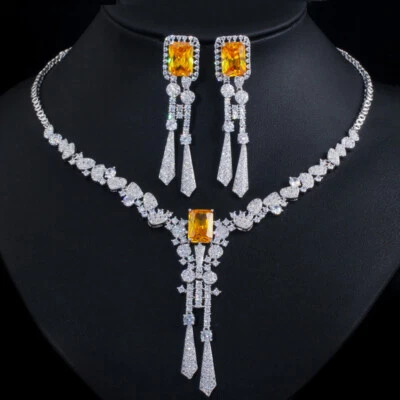 Juego de joyas collar pendientes borla araña larga grande amarillo circonita cúbica plateado Foto 1 de 4